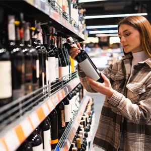 Woman holding wine bottle in shop